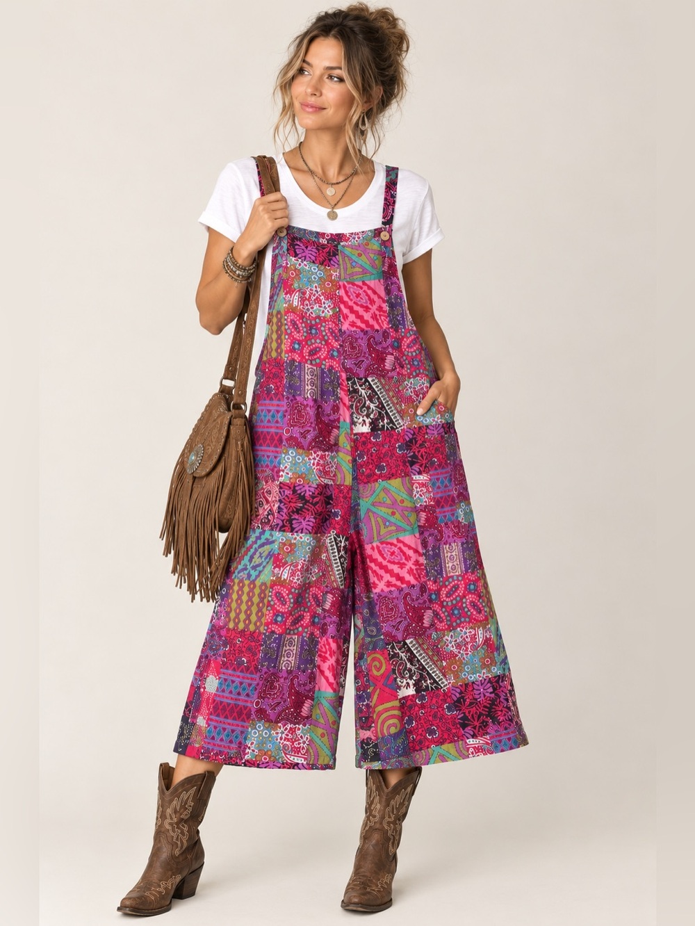 Patchwork Overalls Boho Festival Funky Retro Flowy One Size Cropped Vtg style